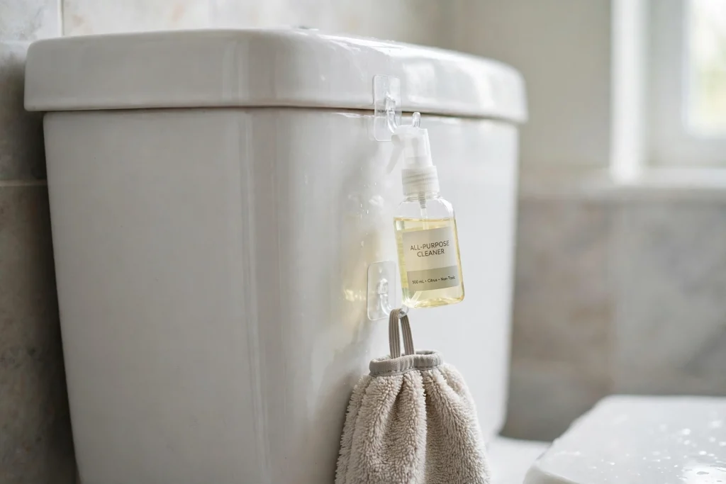 Small removable adhesive hooks on the sides of a toilet tank lid