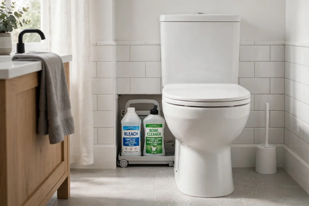 Narrow floor caddy with cleaning bottles slid behind the toilet