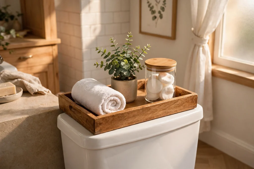 Lipped tray styled with towel, plant and jars on top of a toilet tank