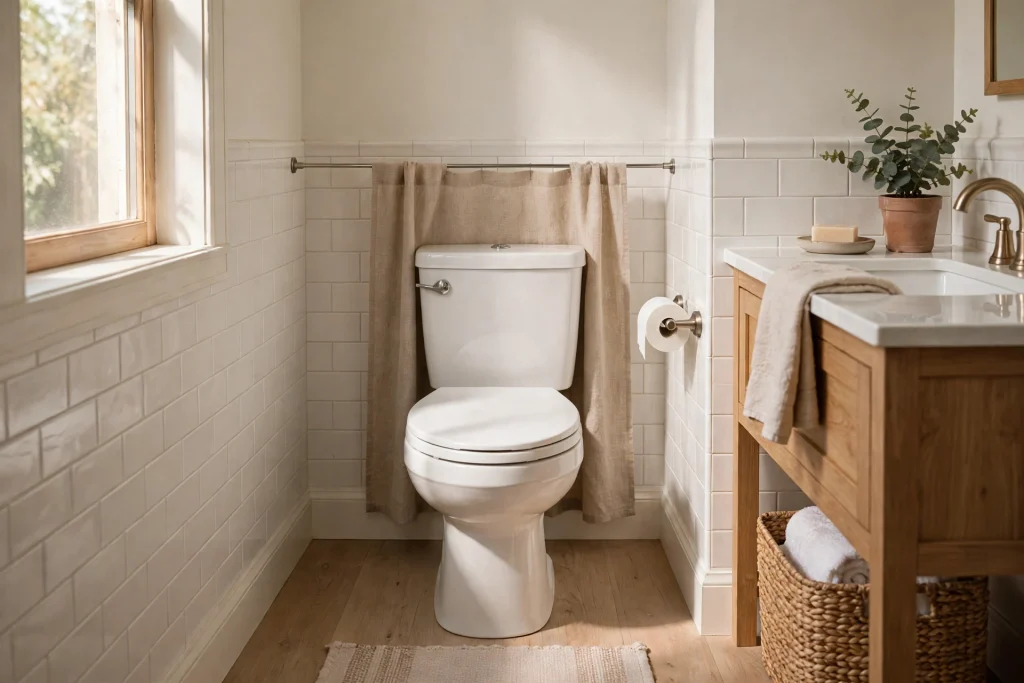 Tension rod with a curtain panel hiding the gap behind a toilet
