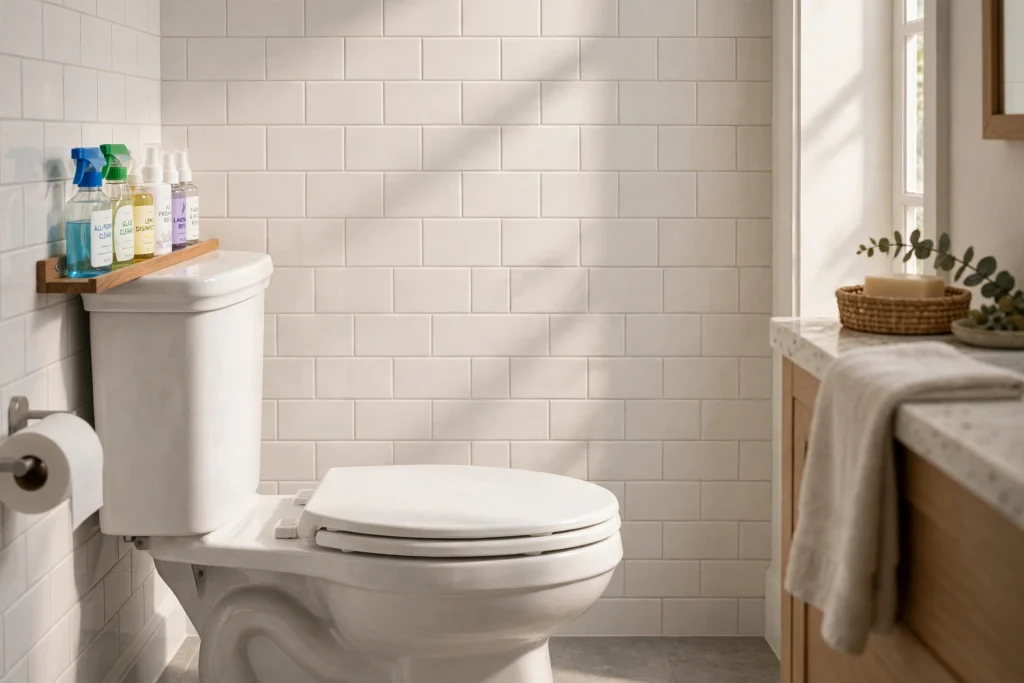 Shallow spice-style rack mounted on the wall directly behind a toilet tank