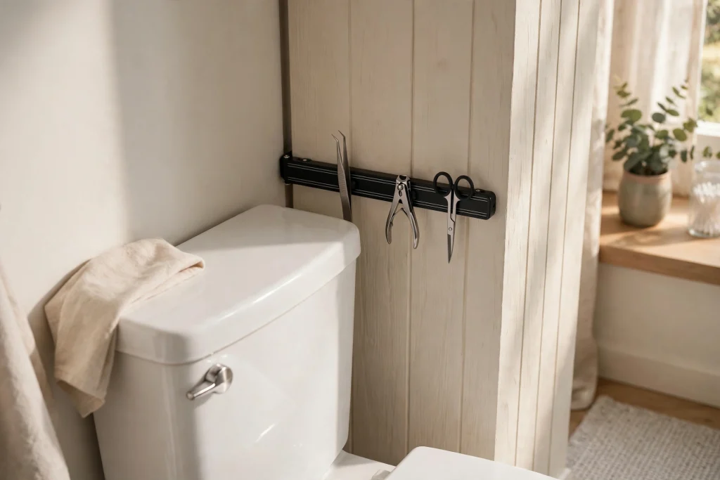 Magnetic strip on the wall behind a toilet tank holding metal grooming tools