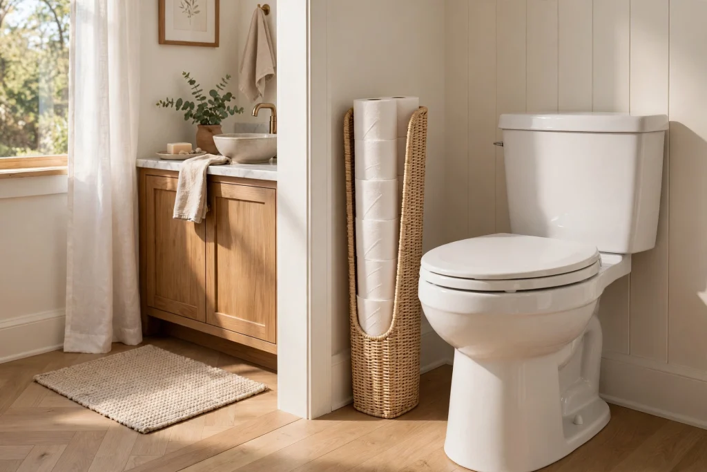 Tall narrow bin behind a toilet filled with backup toilet paper rolls