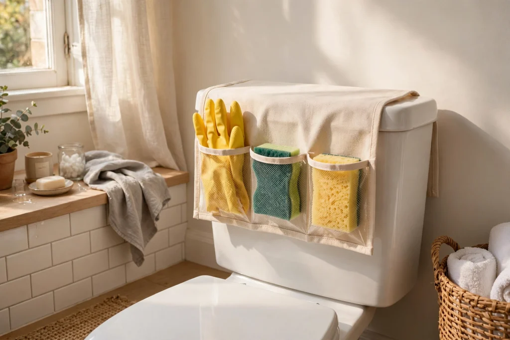 Fabric pocket organizer draped over the back edge of a toilet tank