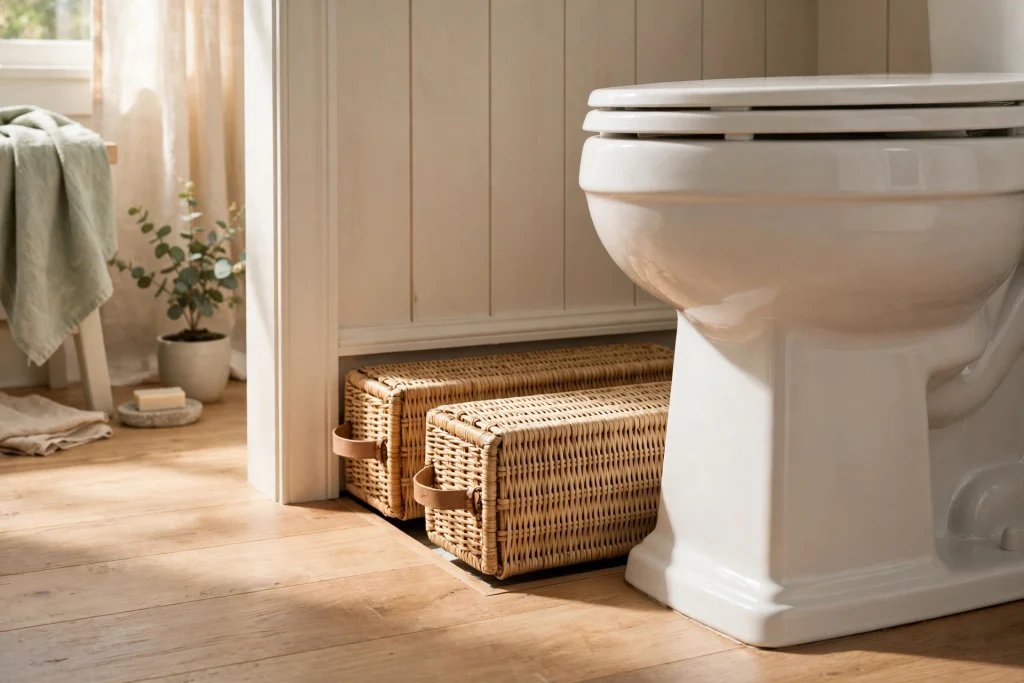 Flat woven baskets tucked into the floor gap behind a toilet base