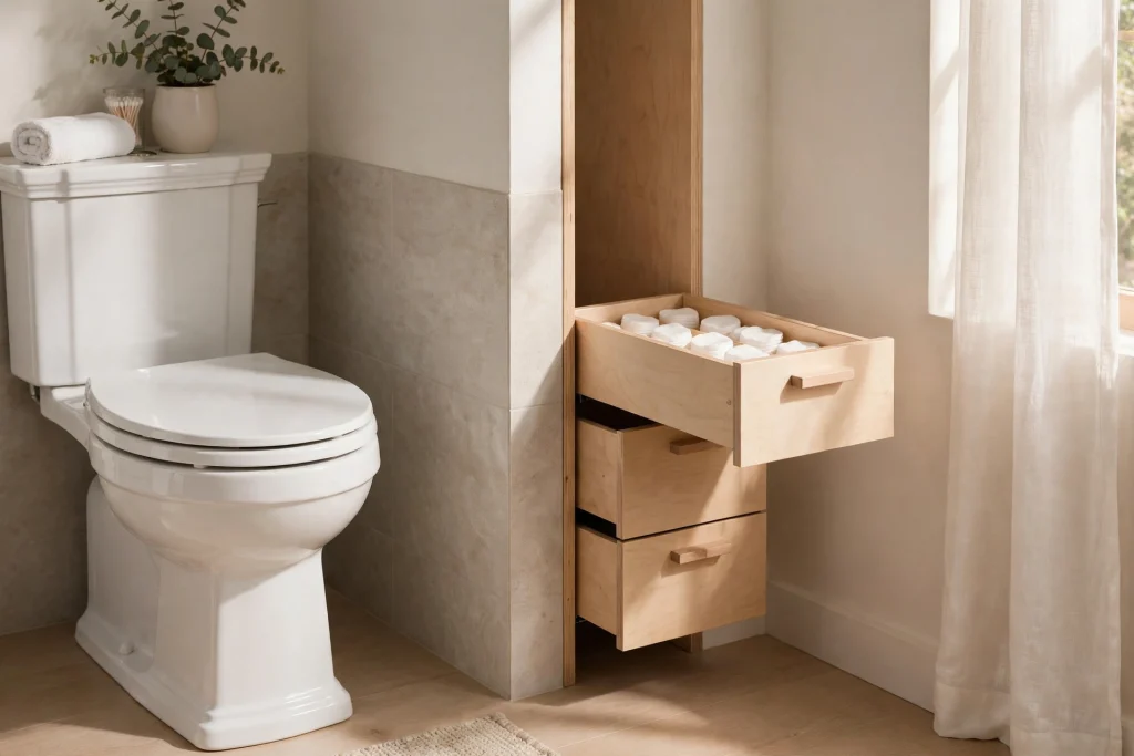 Slim pull-out drawer unit wedged between a toilet and the wall