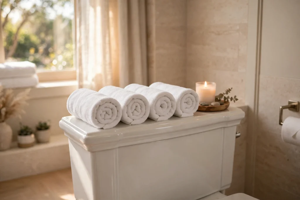 Rolled hand towels lined up spa-style on top of a toilet tank