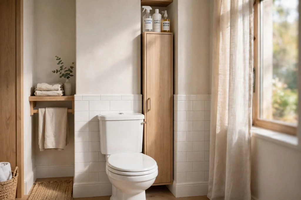 Slim cabinet standing behind a toilet concealing a plunger and brush