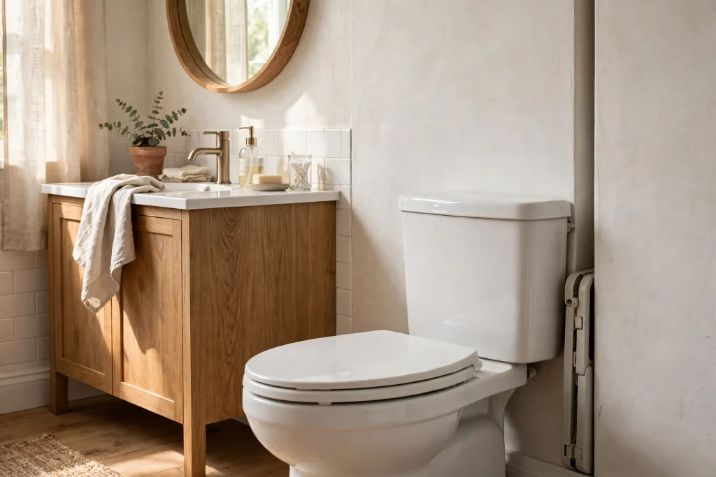 Folding step stool stashed flat in the gap between a toilet tank and the wall