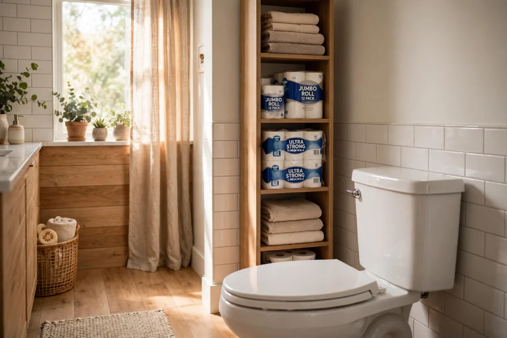 Tall behind-toilet storage tower with shelves for bulky bathroom extras