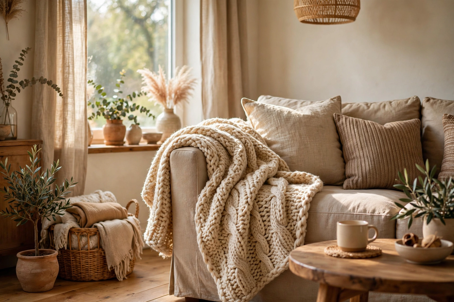 Chunky knit throw draped over a cozy sofa arm