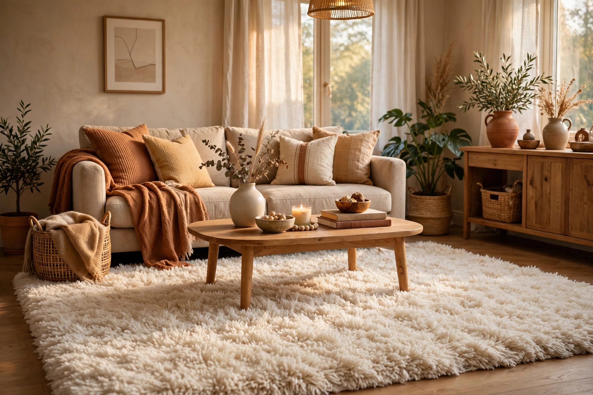 Plush area rug anchoring a warm living room seating area