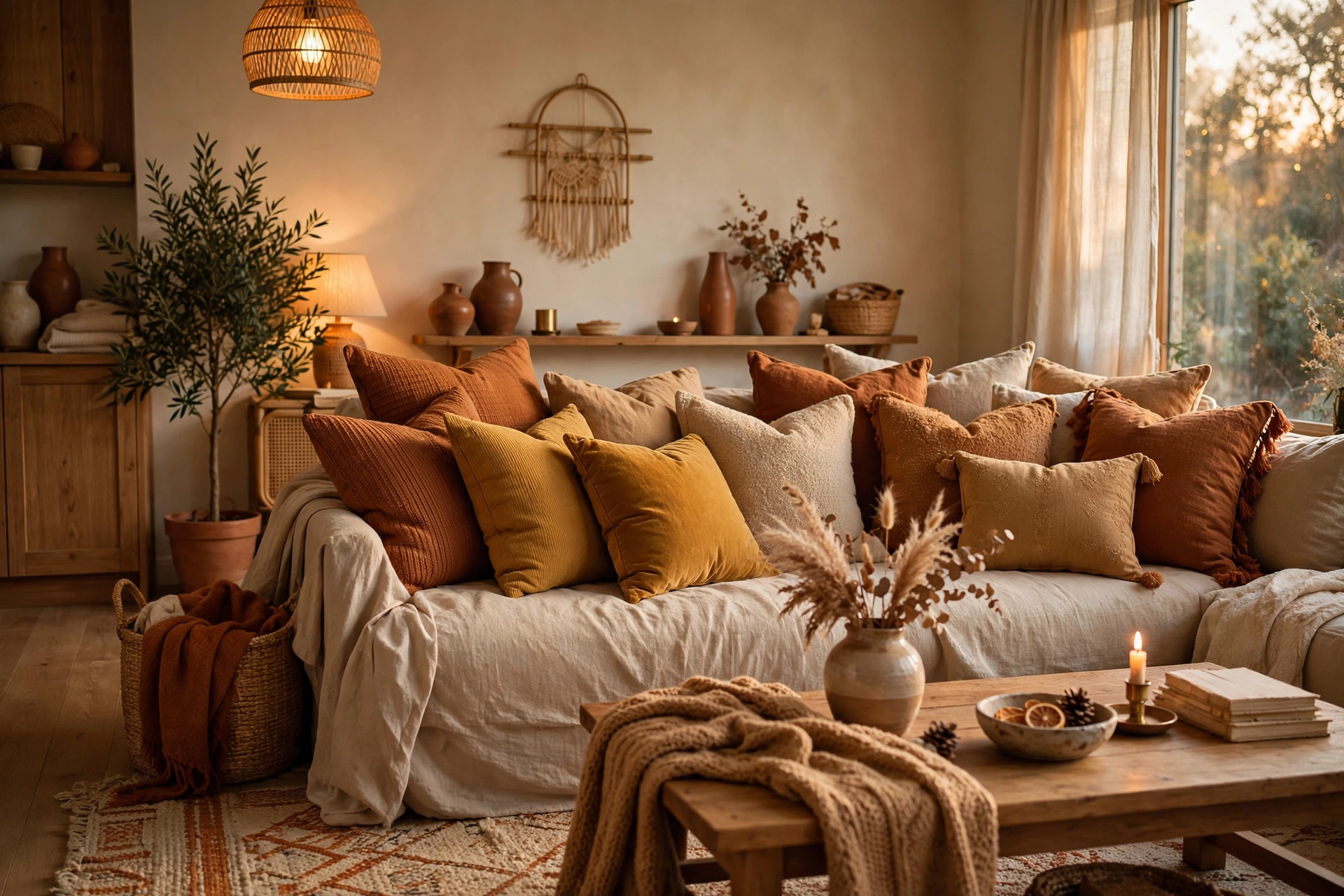 Sofa with throw pillows in warm rust, mustard and camel tones