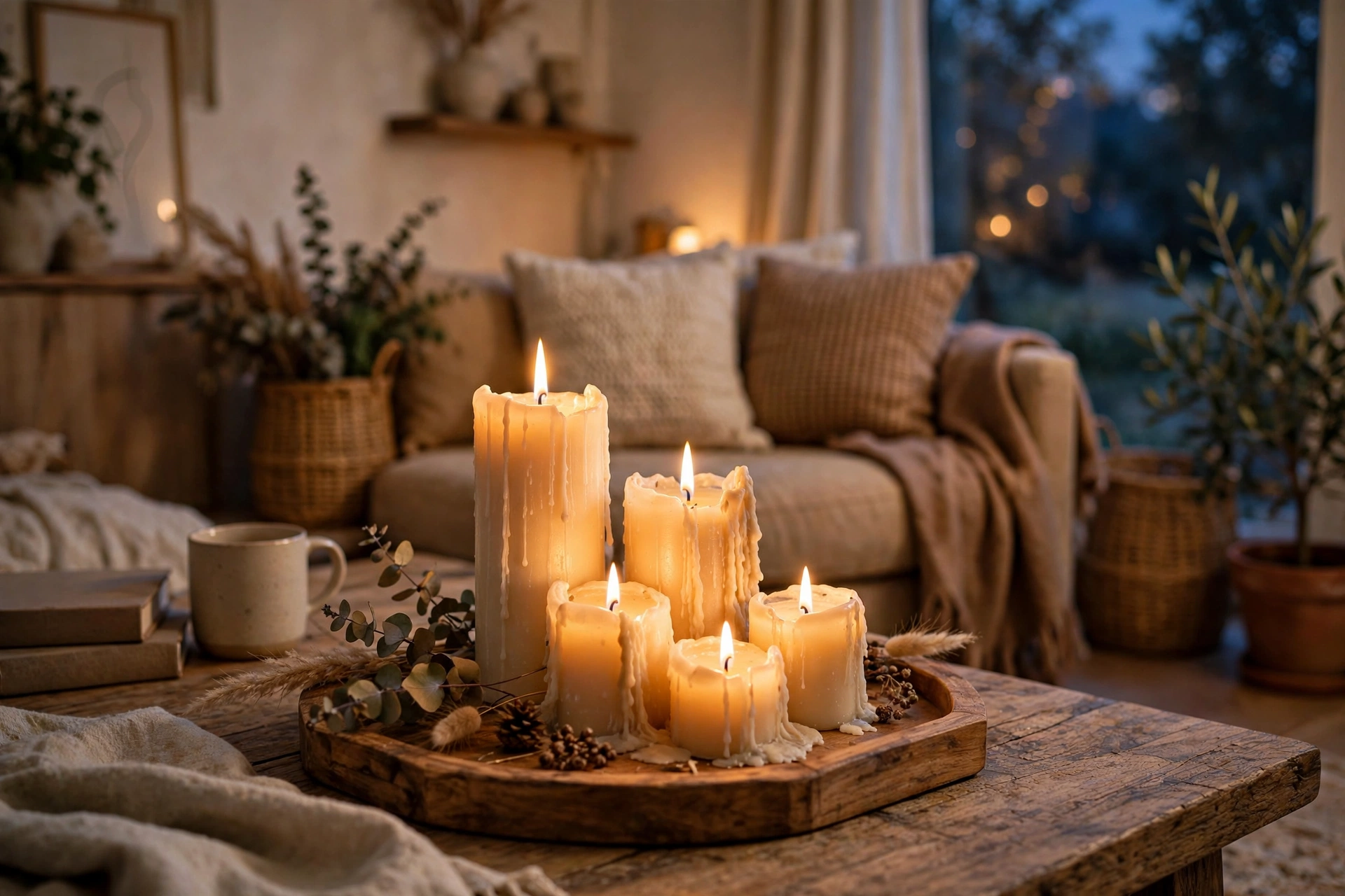 Cluster of candles at different heights on a decorative tray