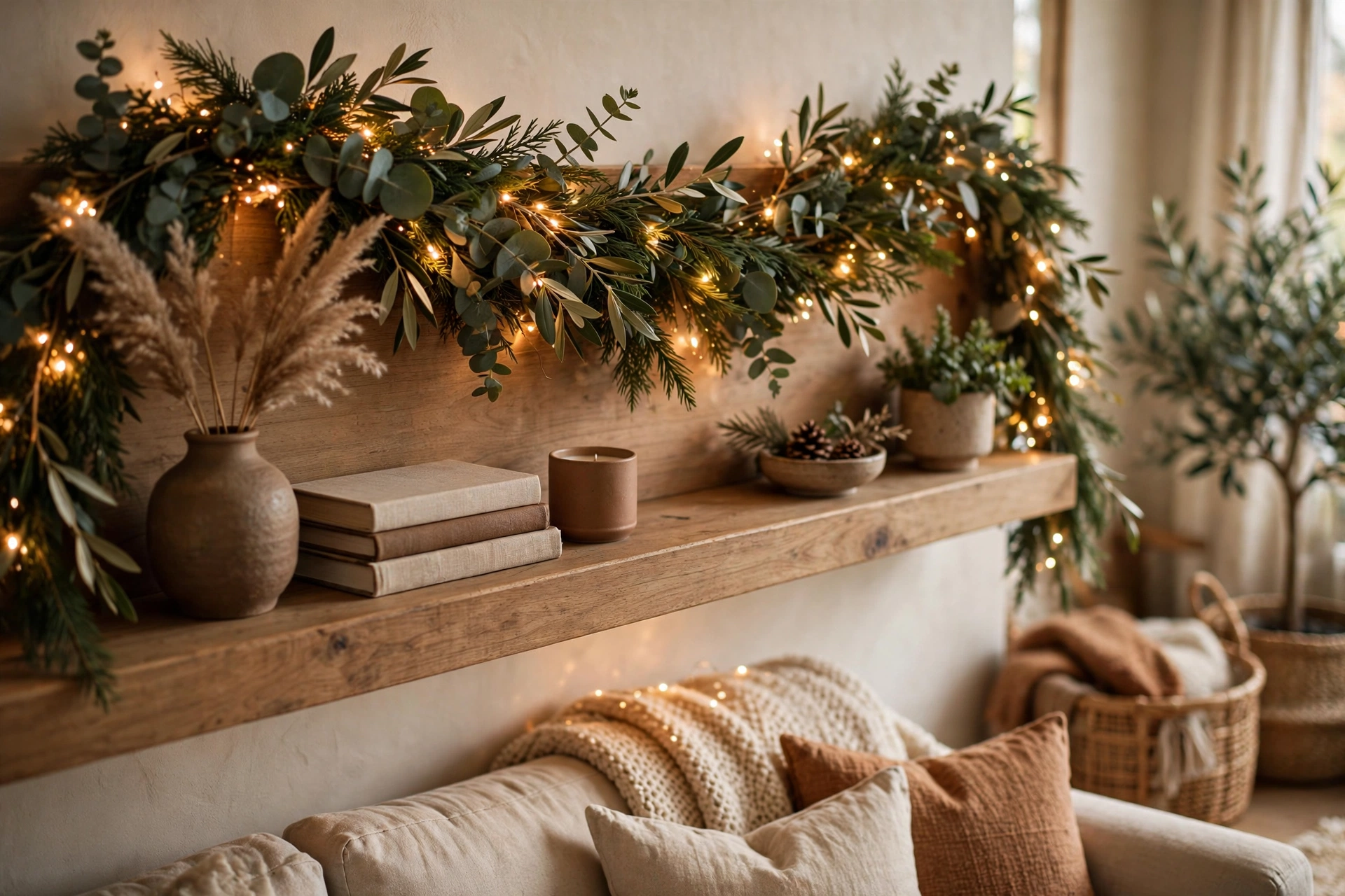 Warm white fairy lights woven through a garland on a shelf