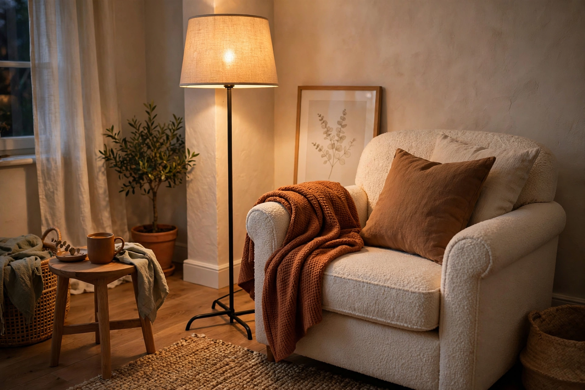 Floor lamp with fabric shade casting warm light beside an armchair