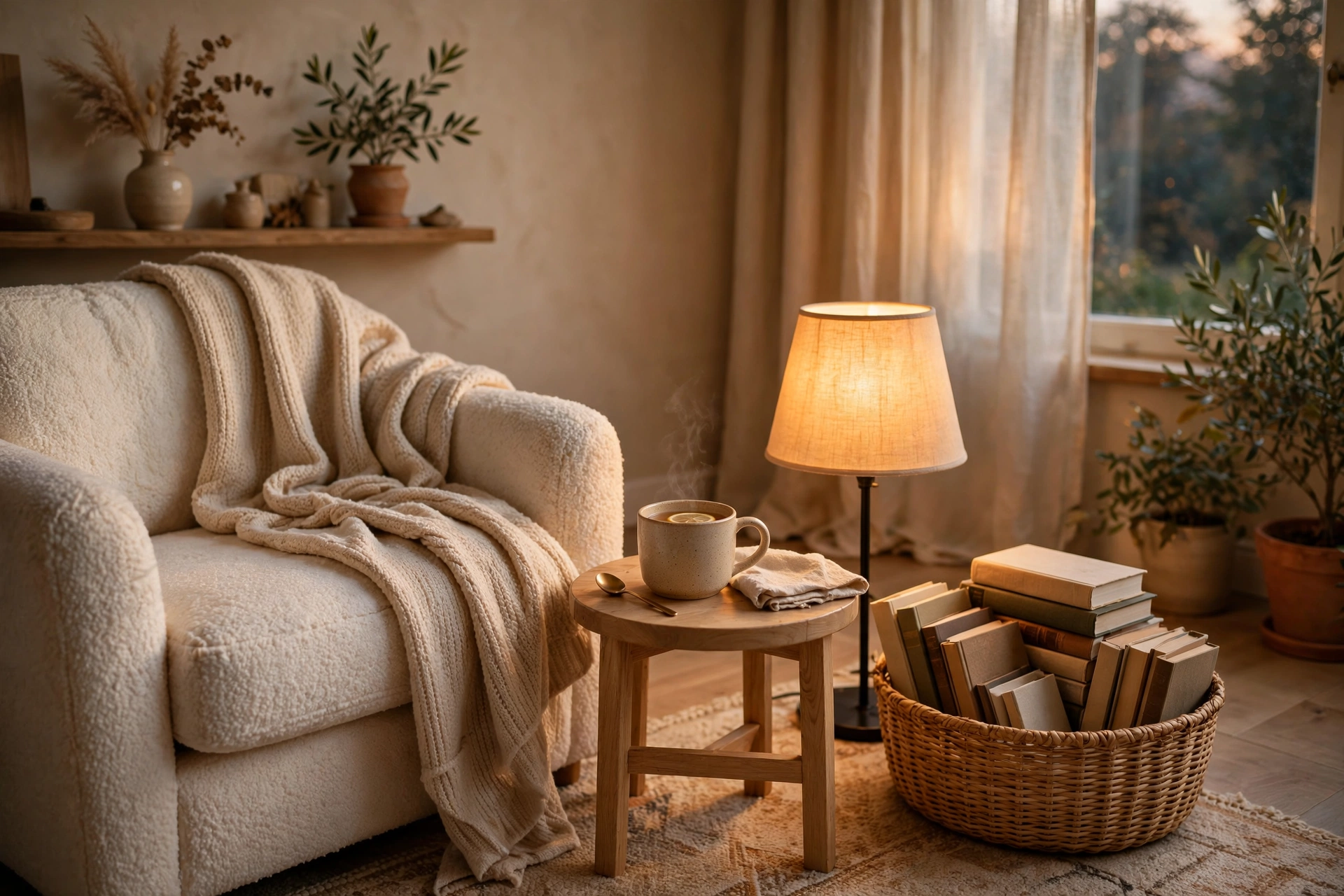 Cozy reading nook with armchair, side table, floor lamp and book basket