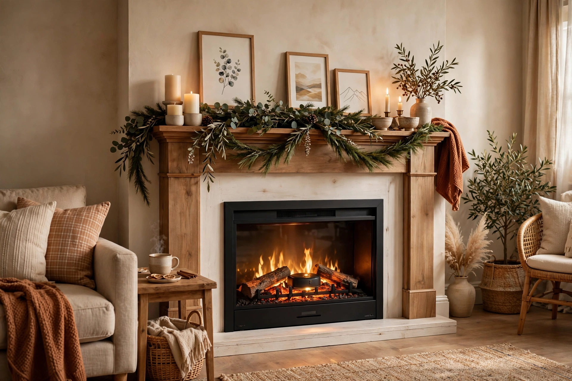 Styled electric fireplace with mantel decor in a living room
