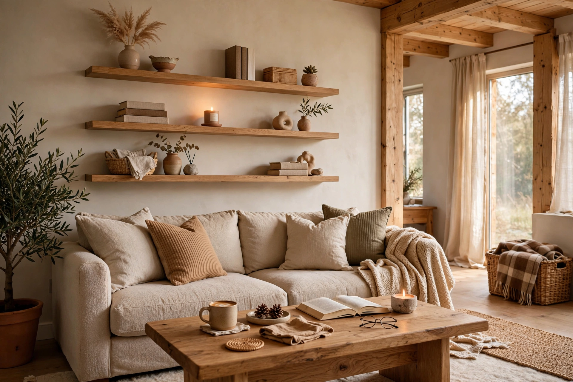 Natural wood accents with wooden coffee table and floating shelves