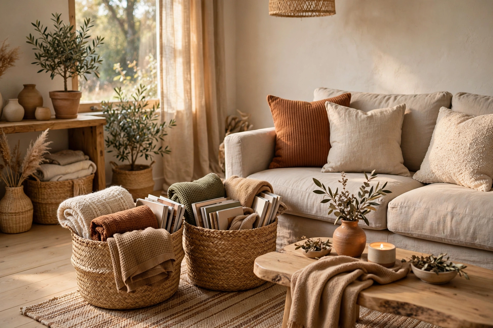 Woven seagrass baskets holding throws and magazines