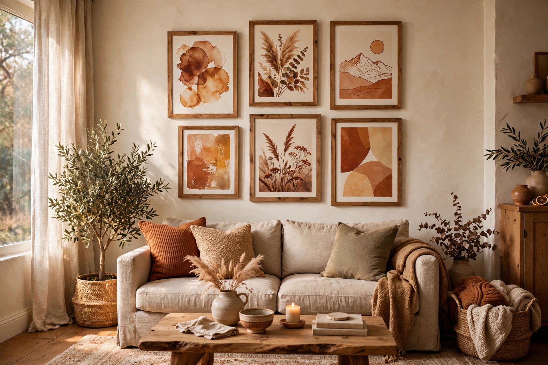 Gallery wall with warm-toned art in natural wood frames