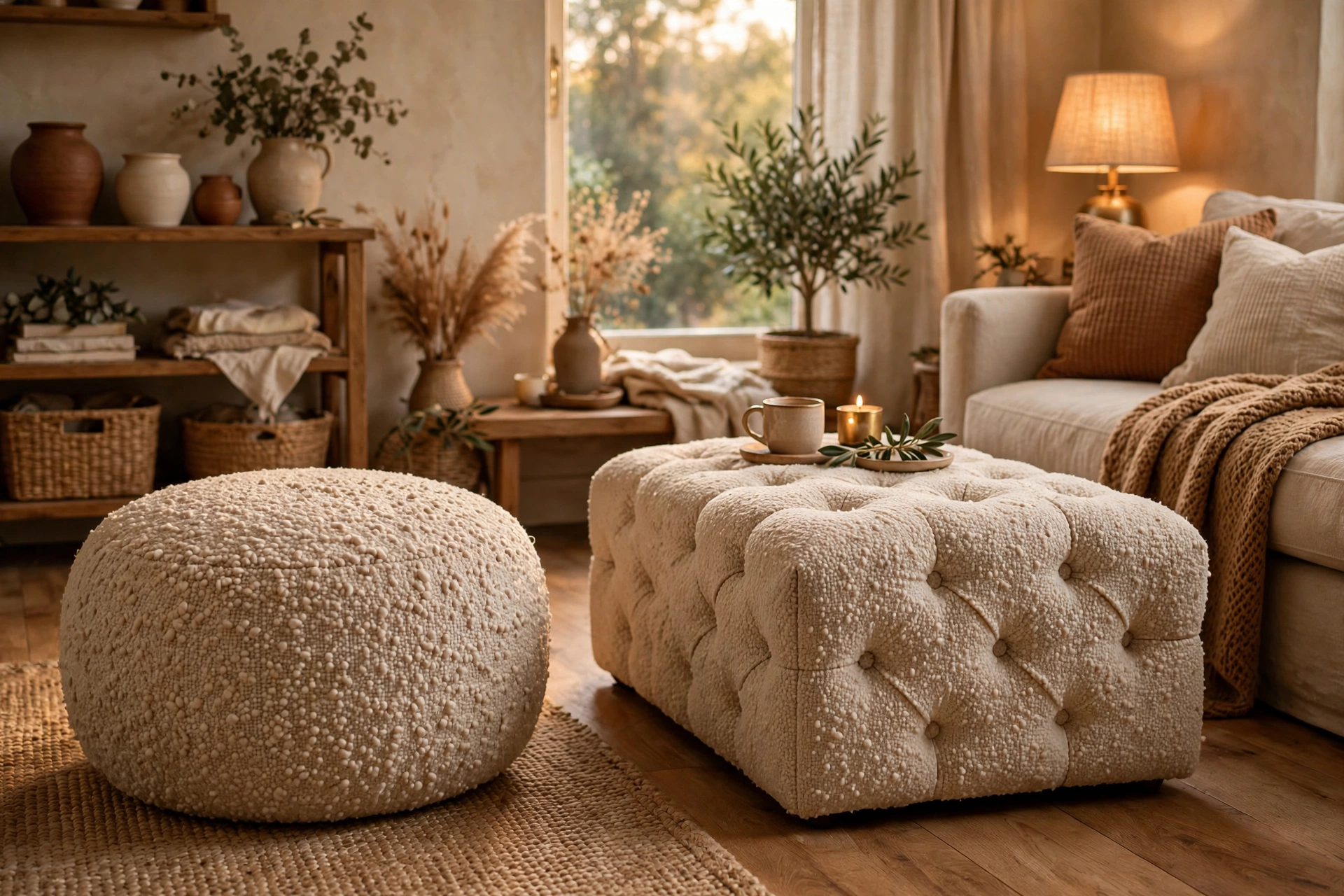 Nubby pouf and tufted ottoman in a cozy living room
