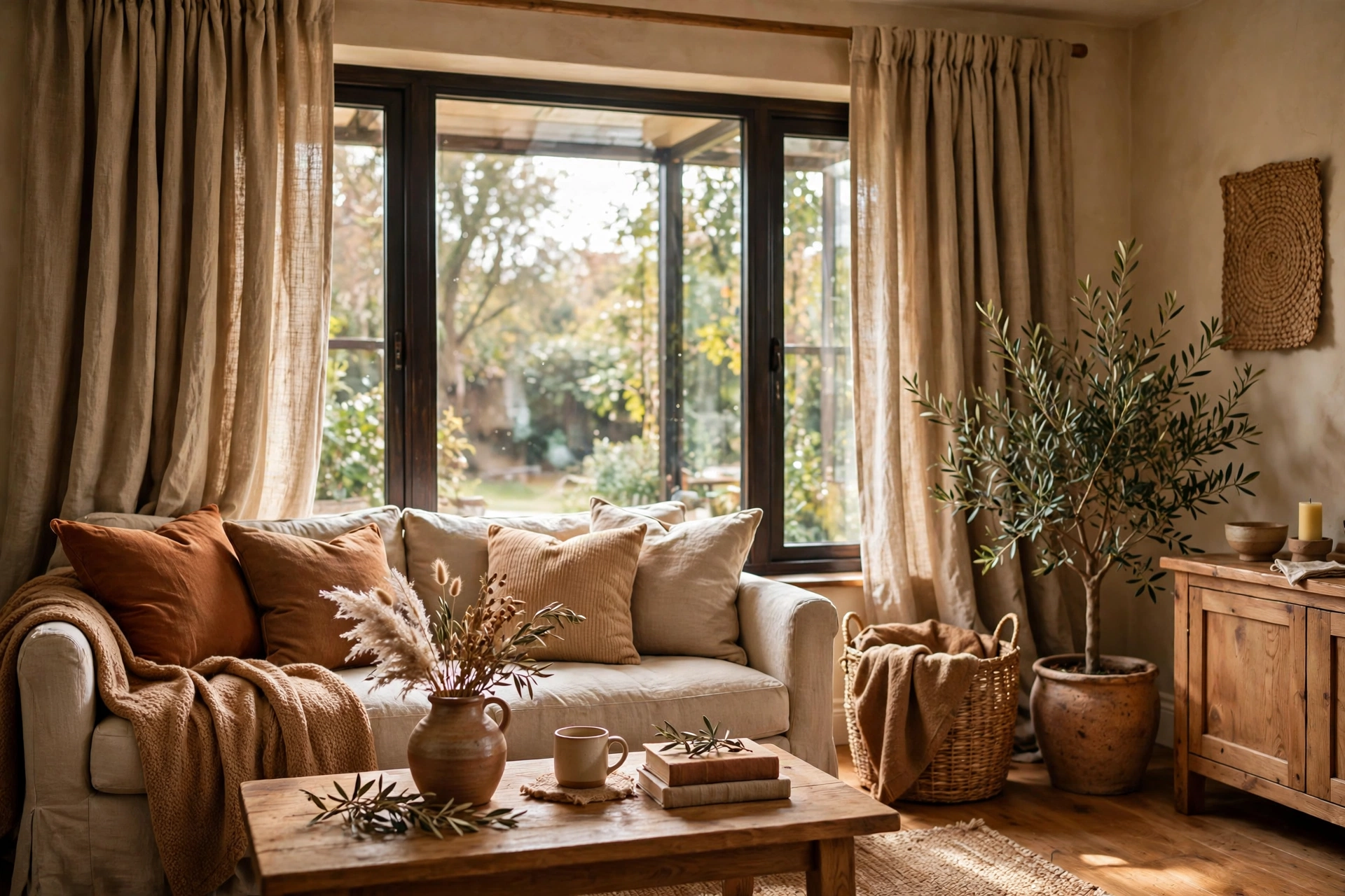 Heavy linen curtains framing a living room window
