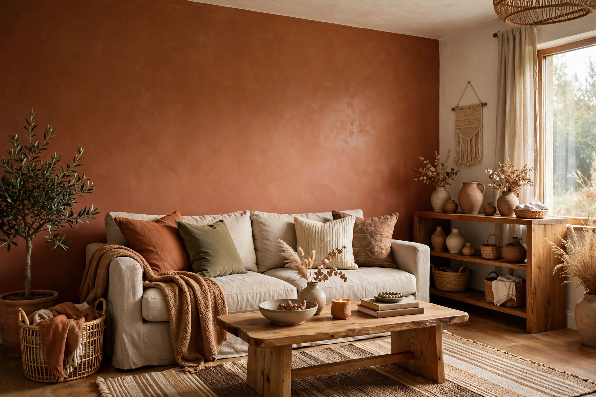 Warm terracotta accent wall behind a cozy sofa