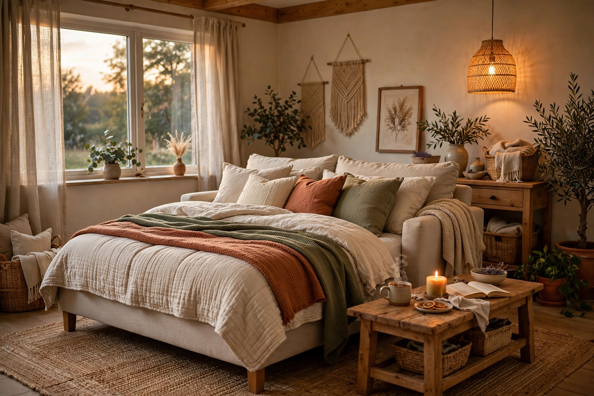 Sofa styled like a bed with layered quilt and plush pillows