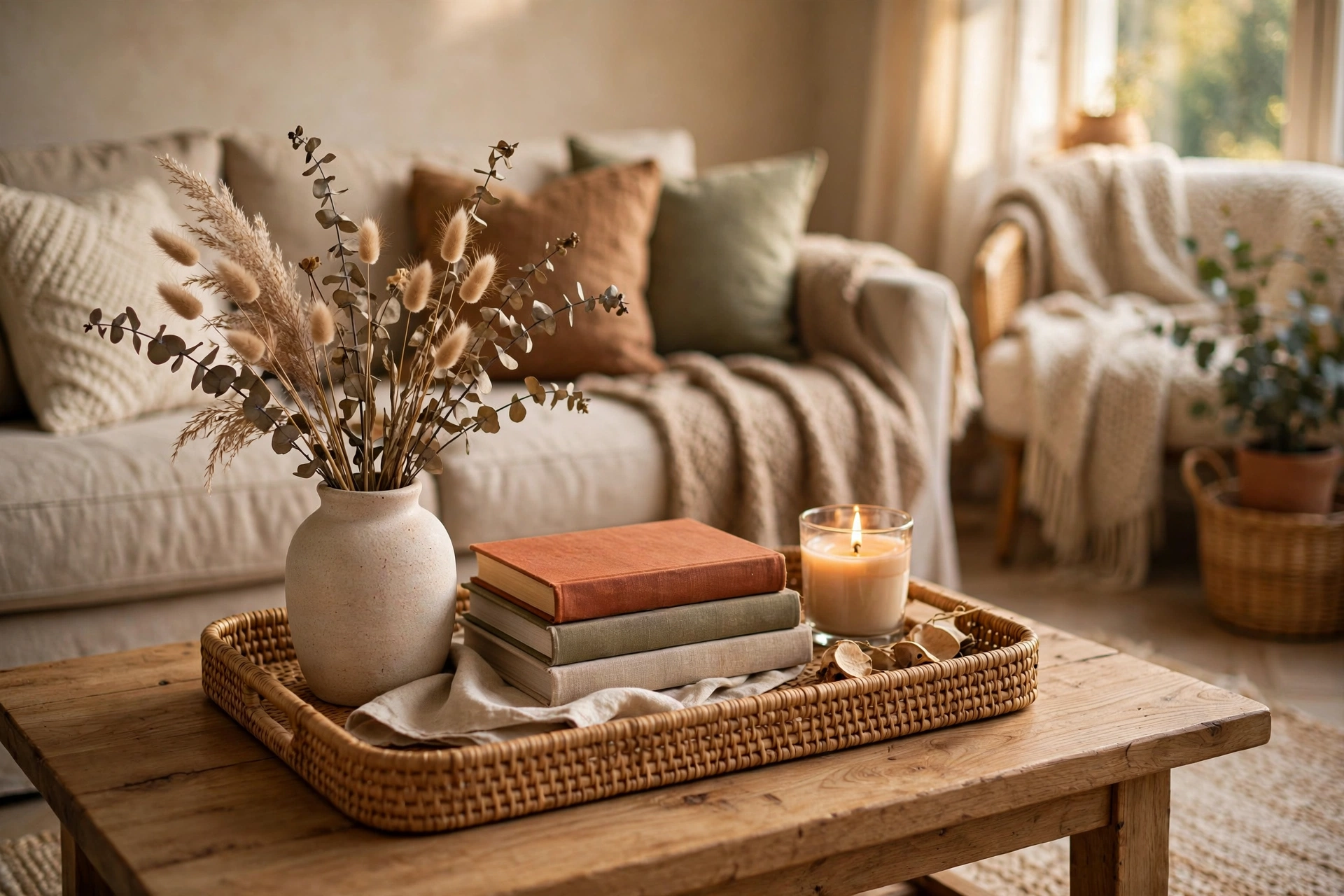 Coffee table styled with a tray, vase, books and candle