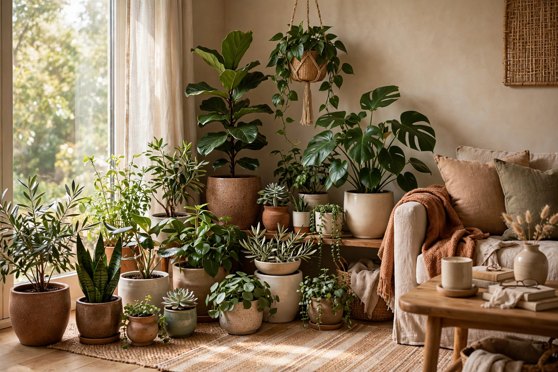 Lush indoor plants softening a living room corner