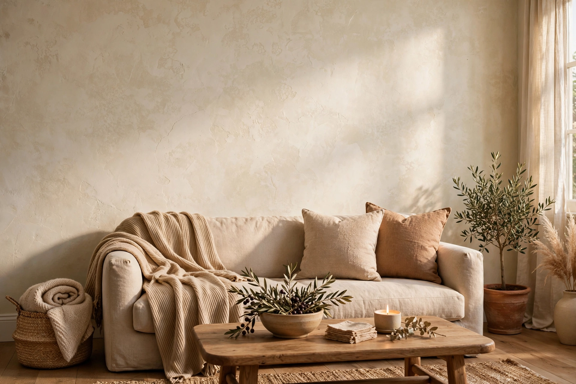 Textured limewash wall in warm white in a living room