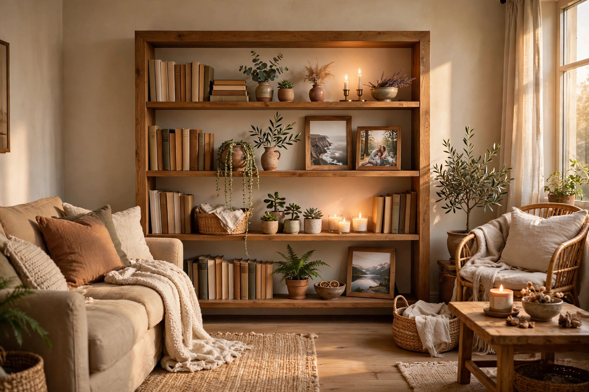 Styled bookshelf with books, plants, candles and framed photos