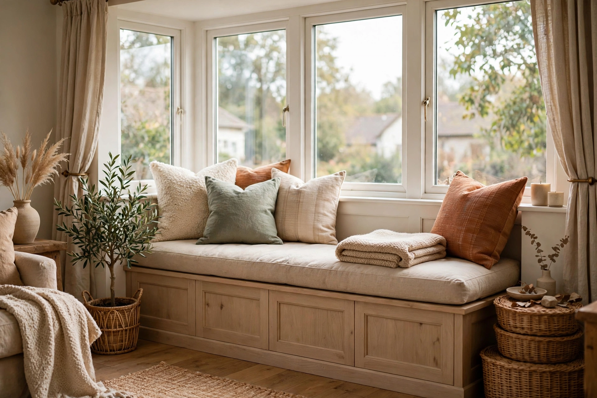 Cushioned window seat with pillows and a cozy throw