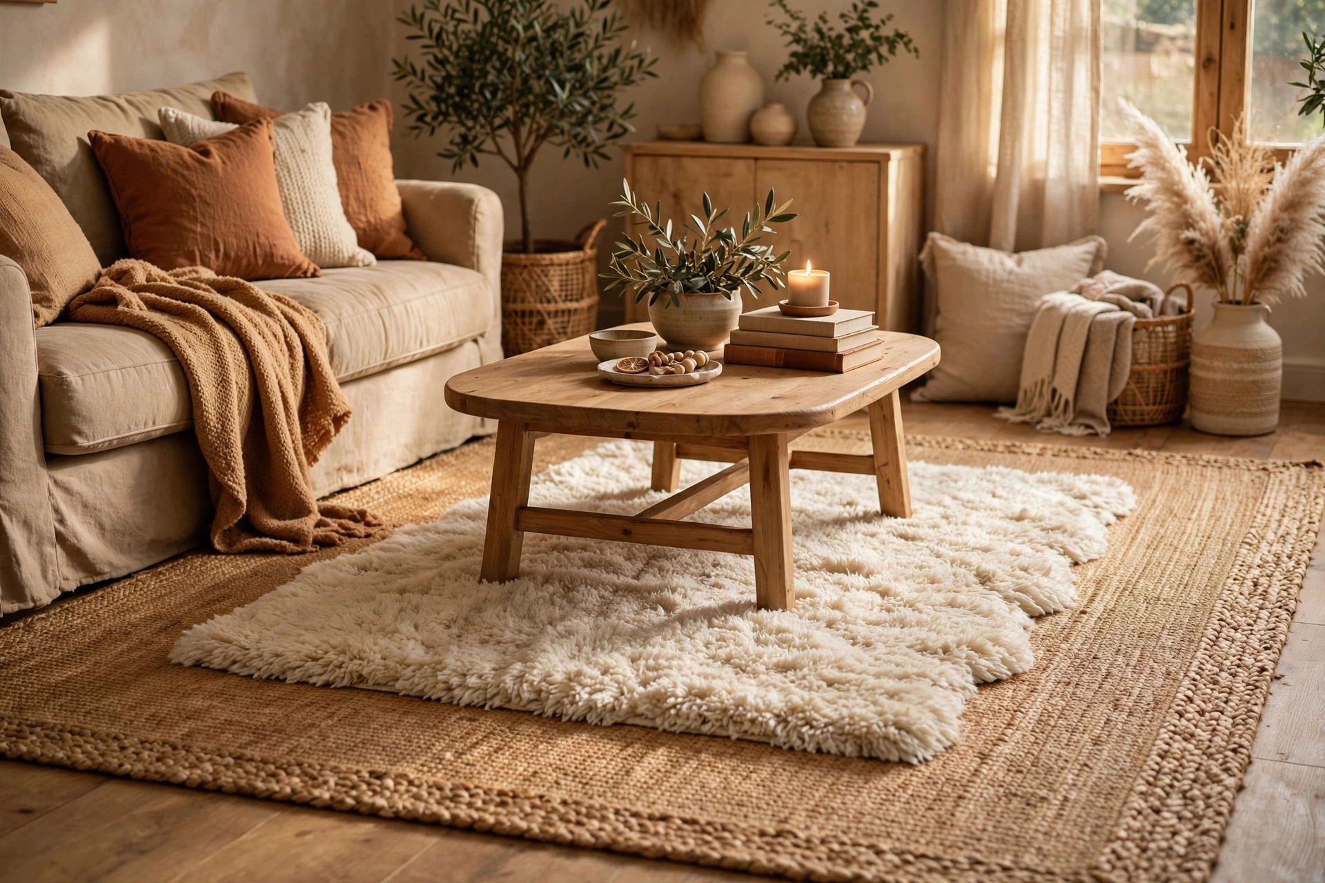 Layered rugs with a shag rug over a larger jute rug