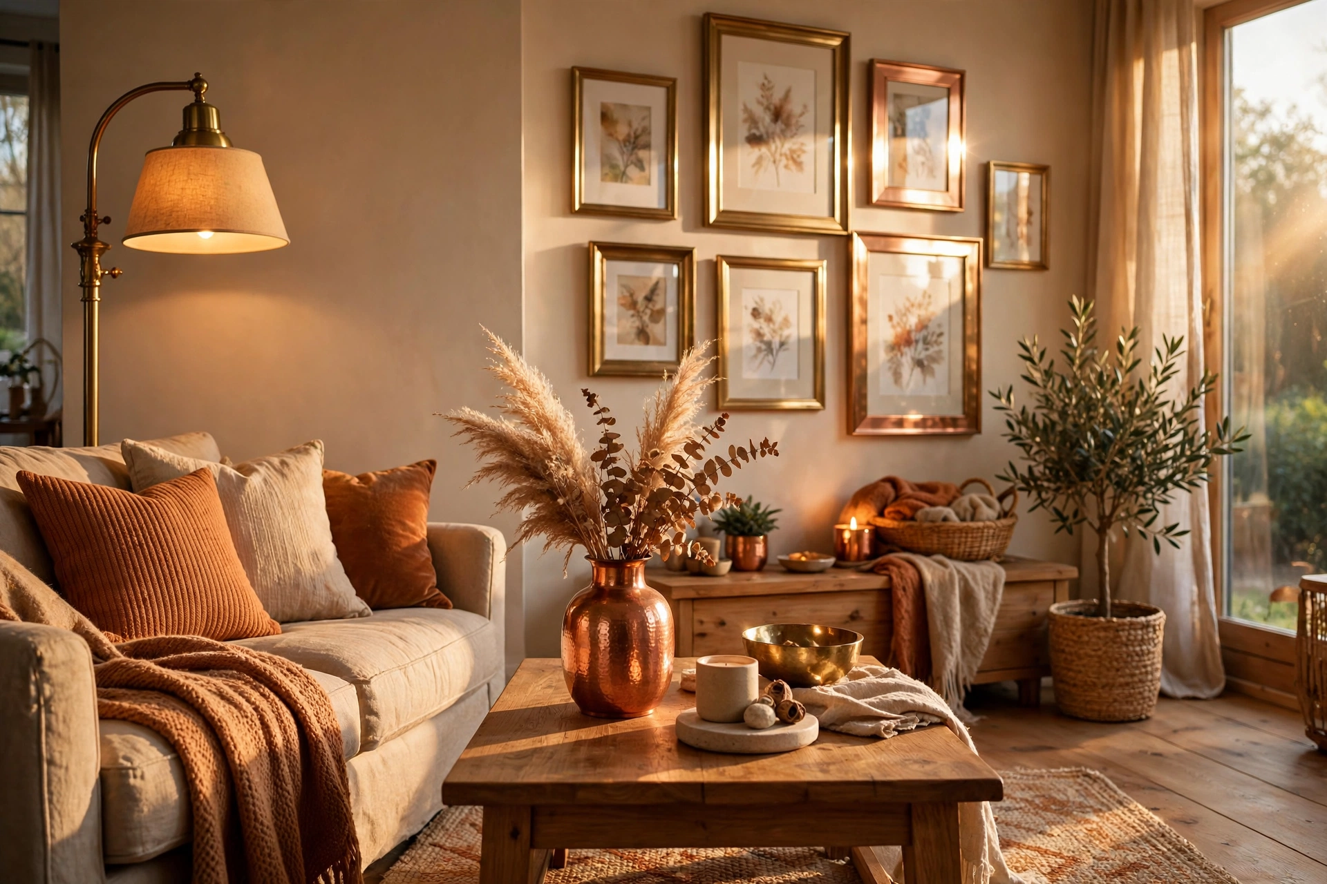 Warm brass and copper metallic accents in a living room