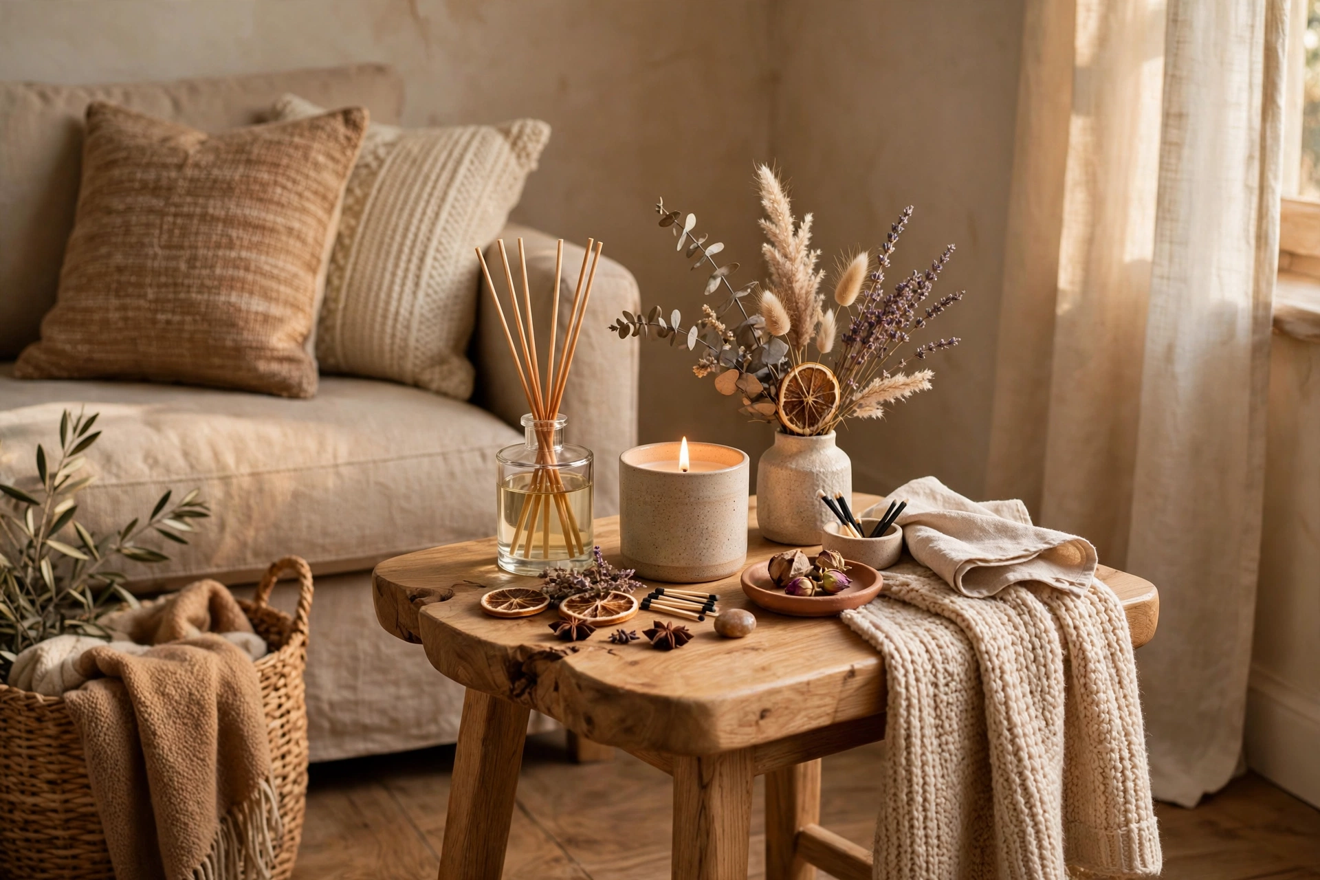 Living room styled with a reed diffuser for inviting scent