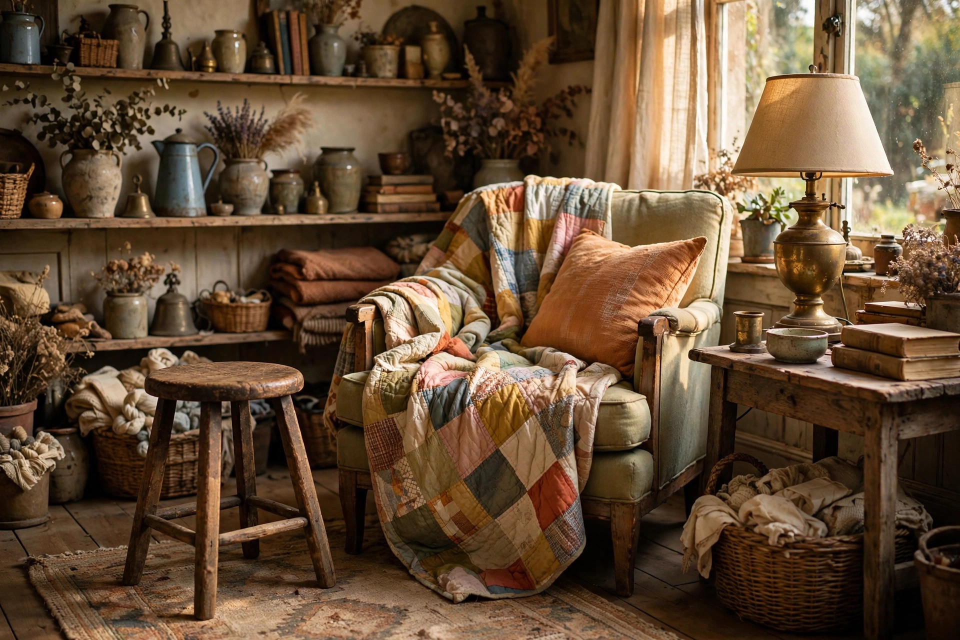 Vintage thrifted finds with wooden stool, brass lamp and old quilt