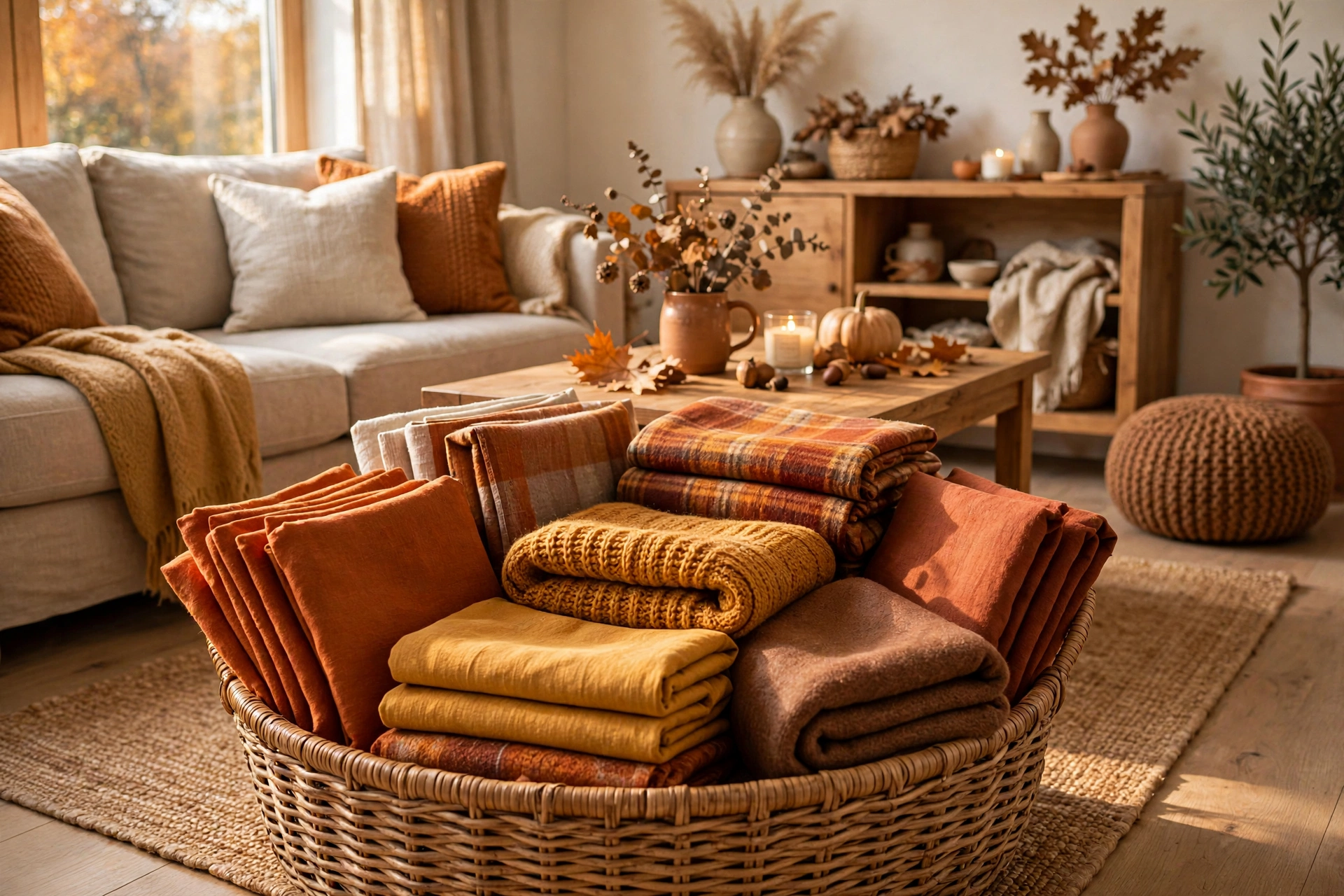 Basket of folded pillow covers and throws for seasonal refresh