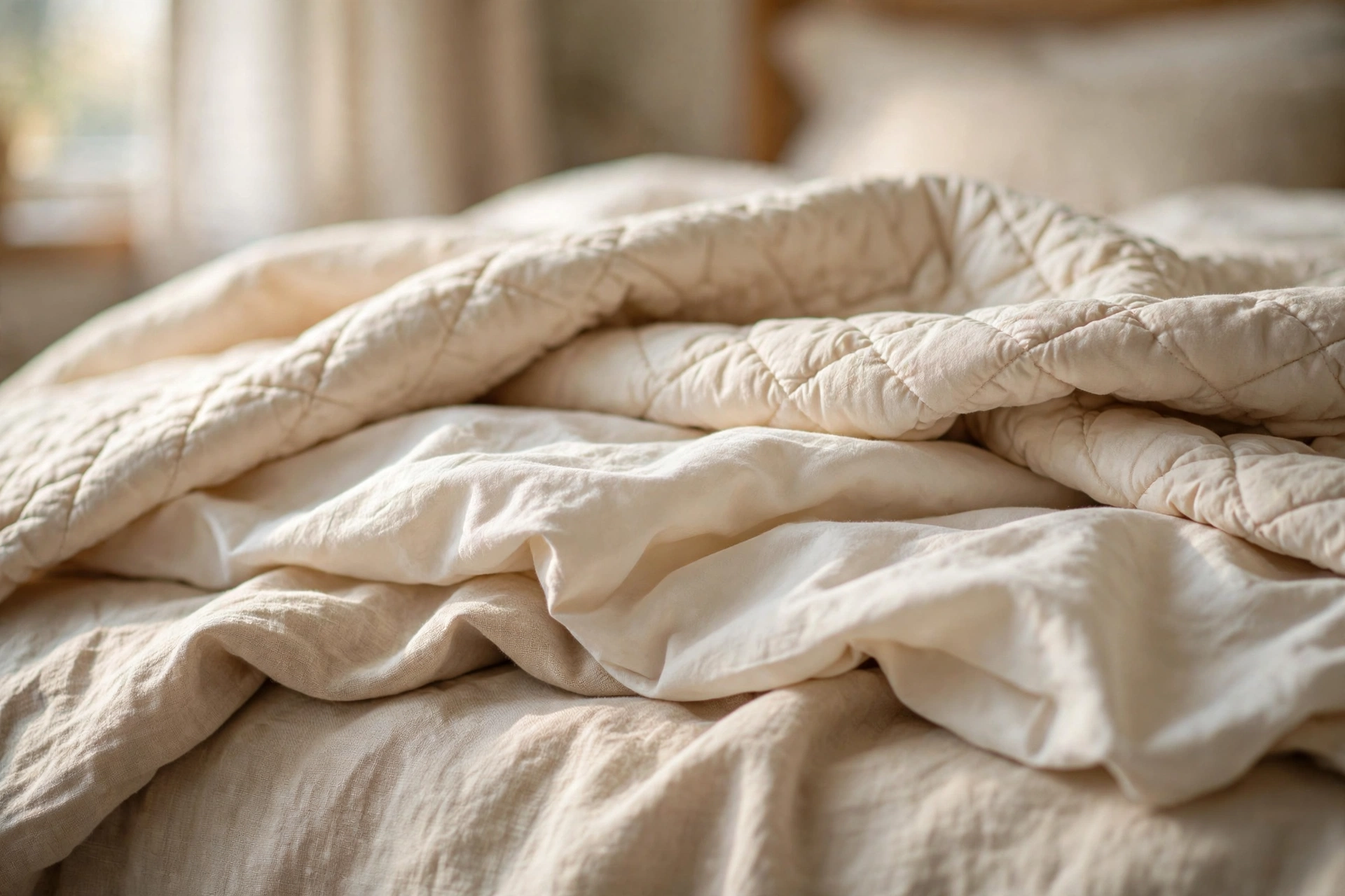 Layered cream and ivory bedding on a bed
