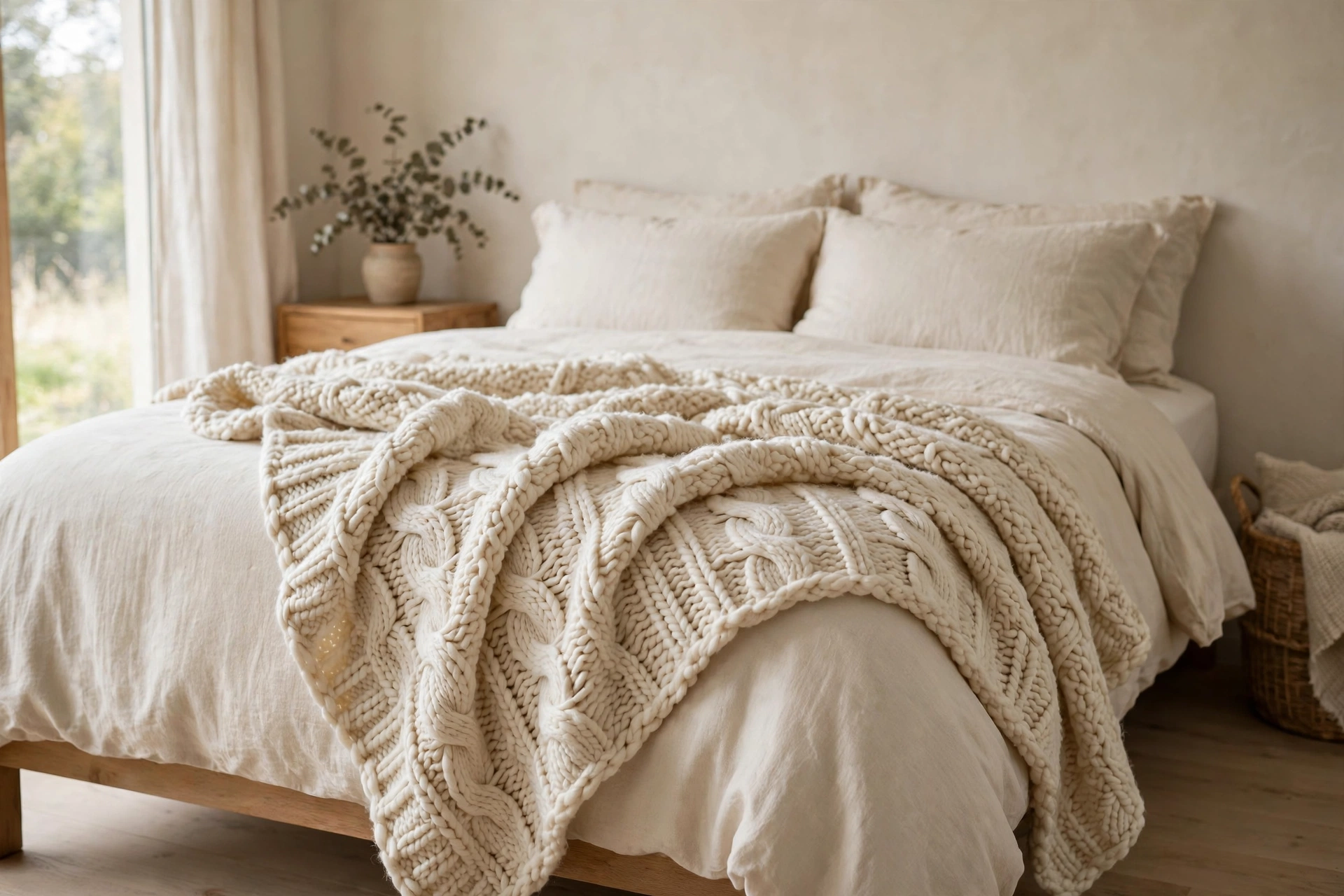 Chunky knit throw draped over the foot of a neutral bed