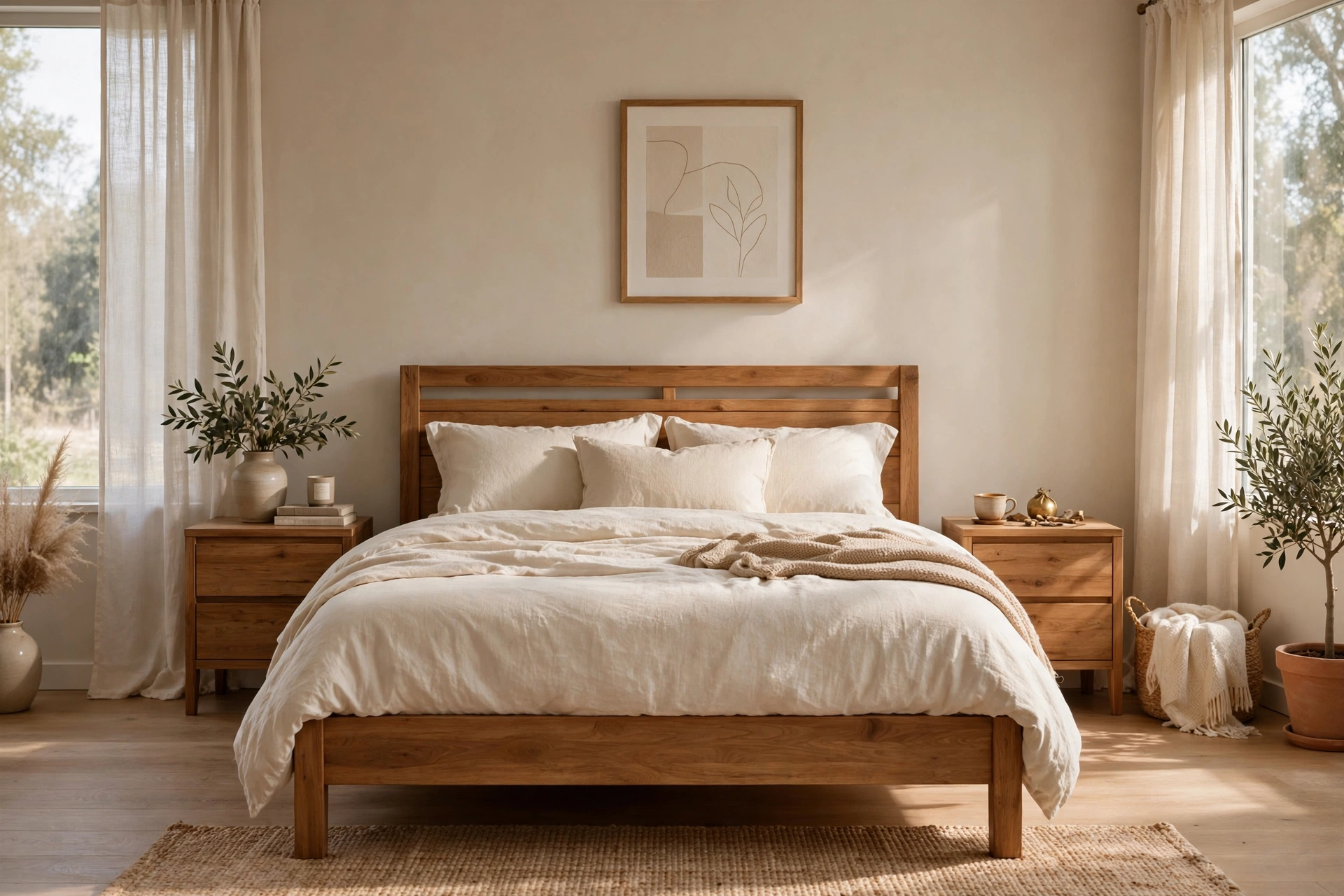Natural wood bed frame and nightstands in a neutral bedroom