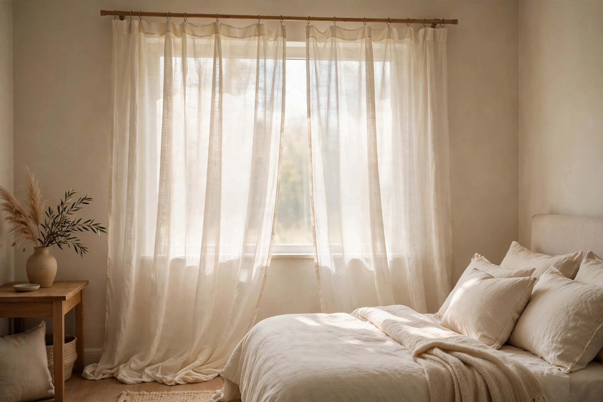 Sheer and linen curtains filtering daylight in a bedroom