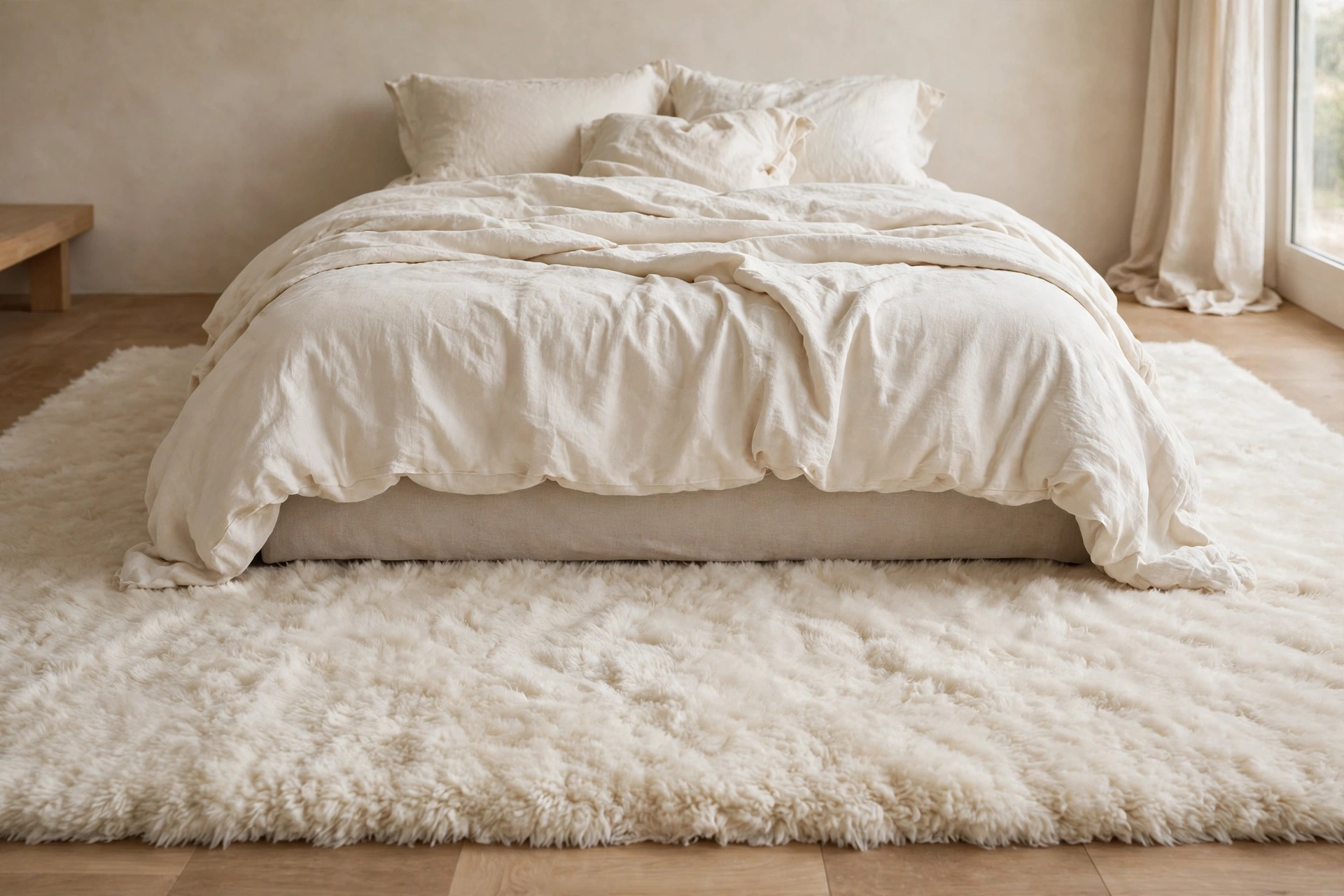 Plush cream area rug under and around a neutral bed