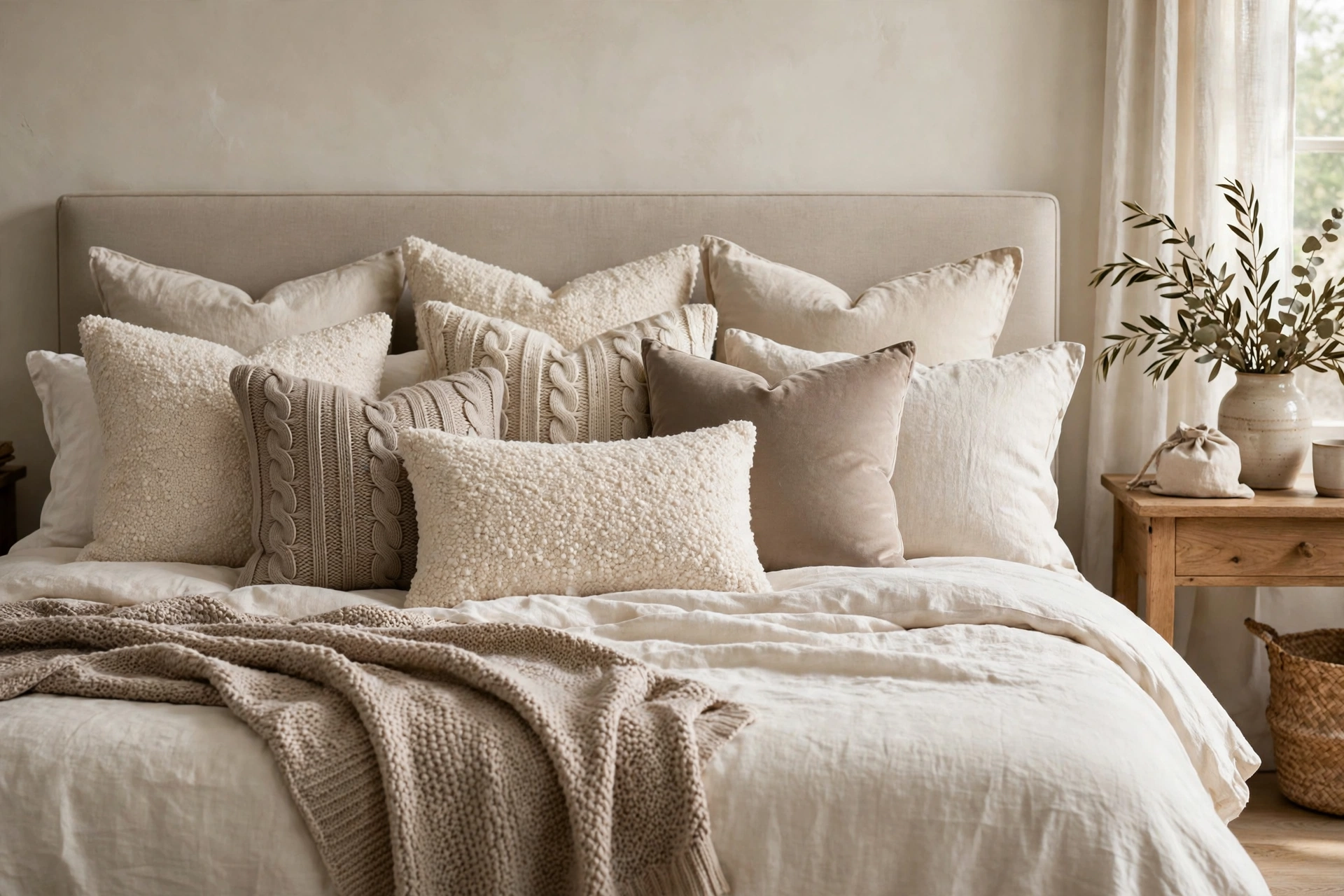 Bed styled with mixed-texture pillows in neutral tones