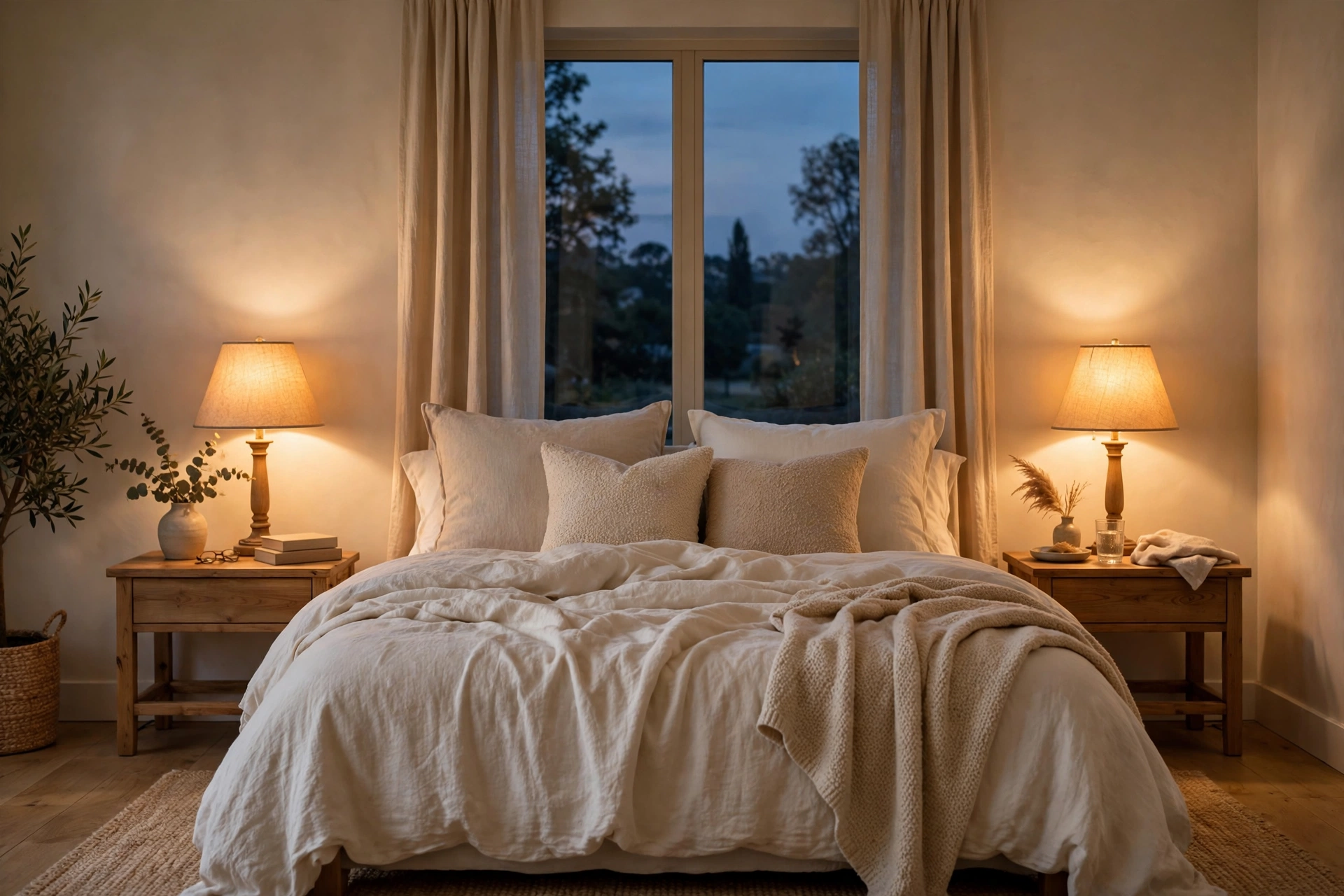 Warm table lamps glowing on bedroom nightstands