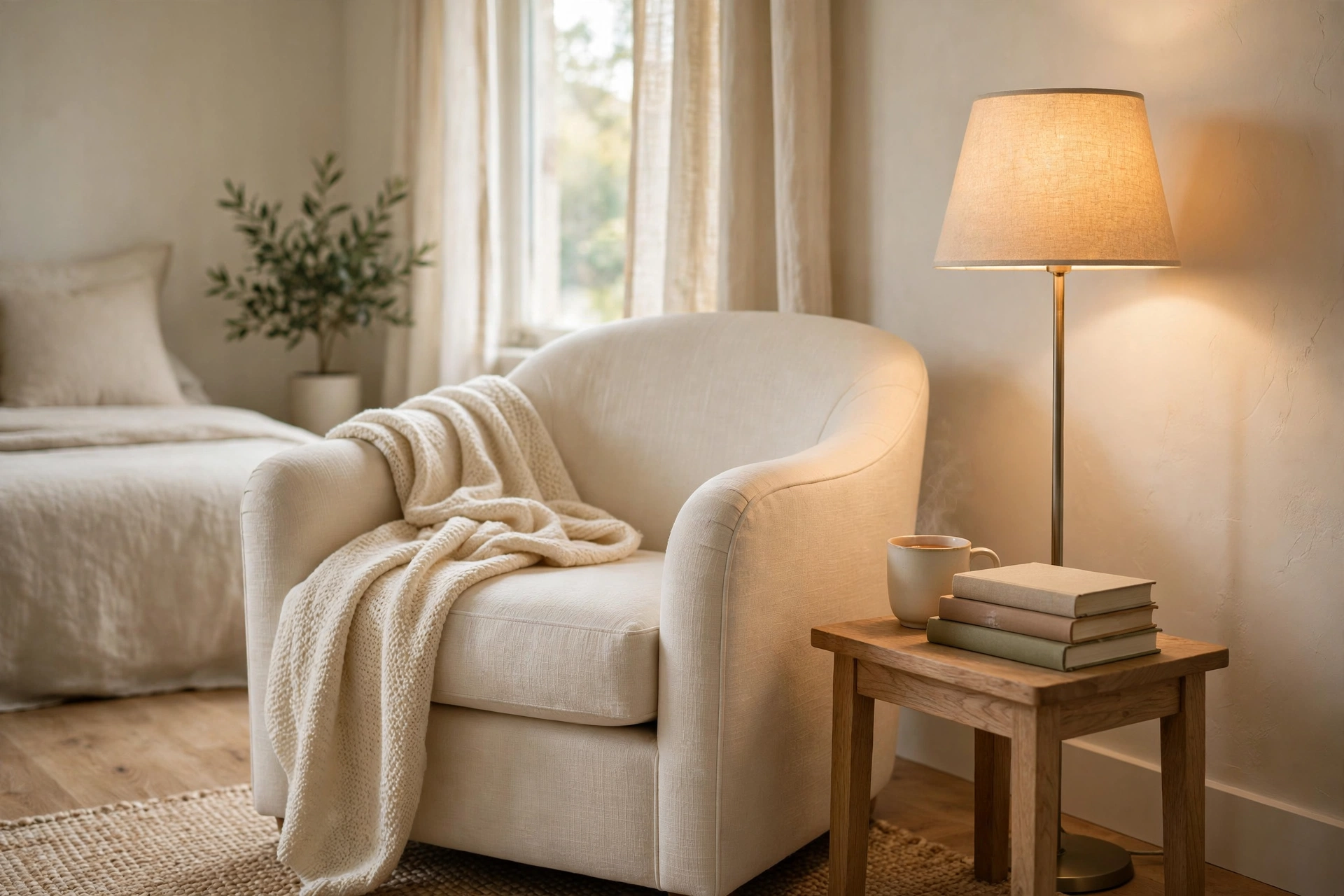 Cozy reading corner with armchair, floor lamp and side table