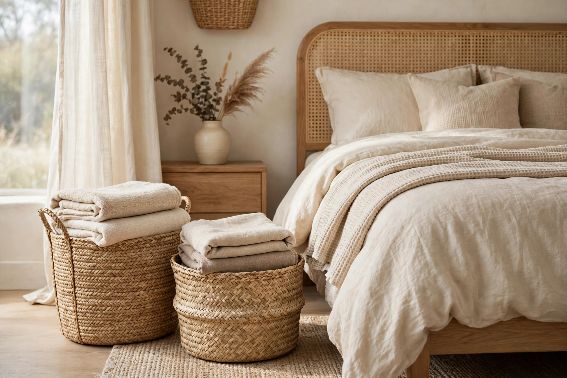 Woven seagrass baskets holding throws in a bedroom
