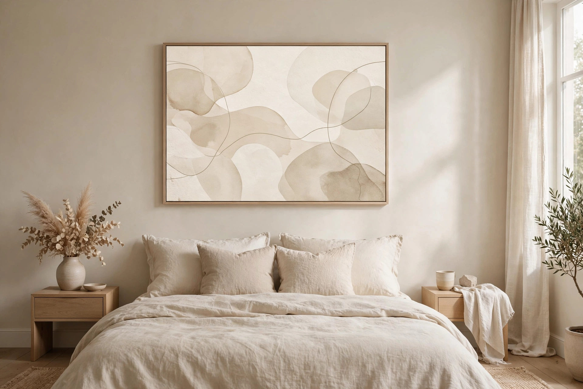 Soft neutral abstract artwork hanging above a bed