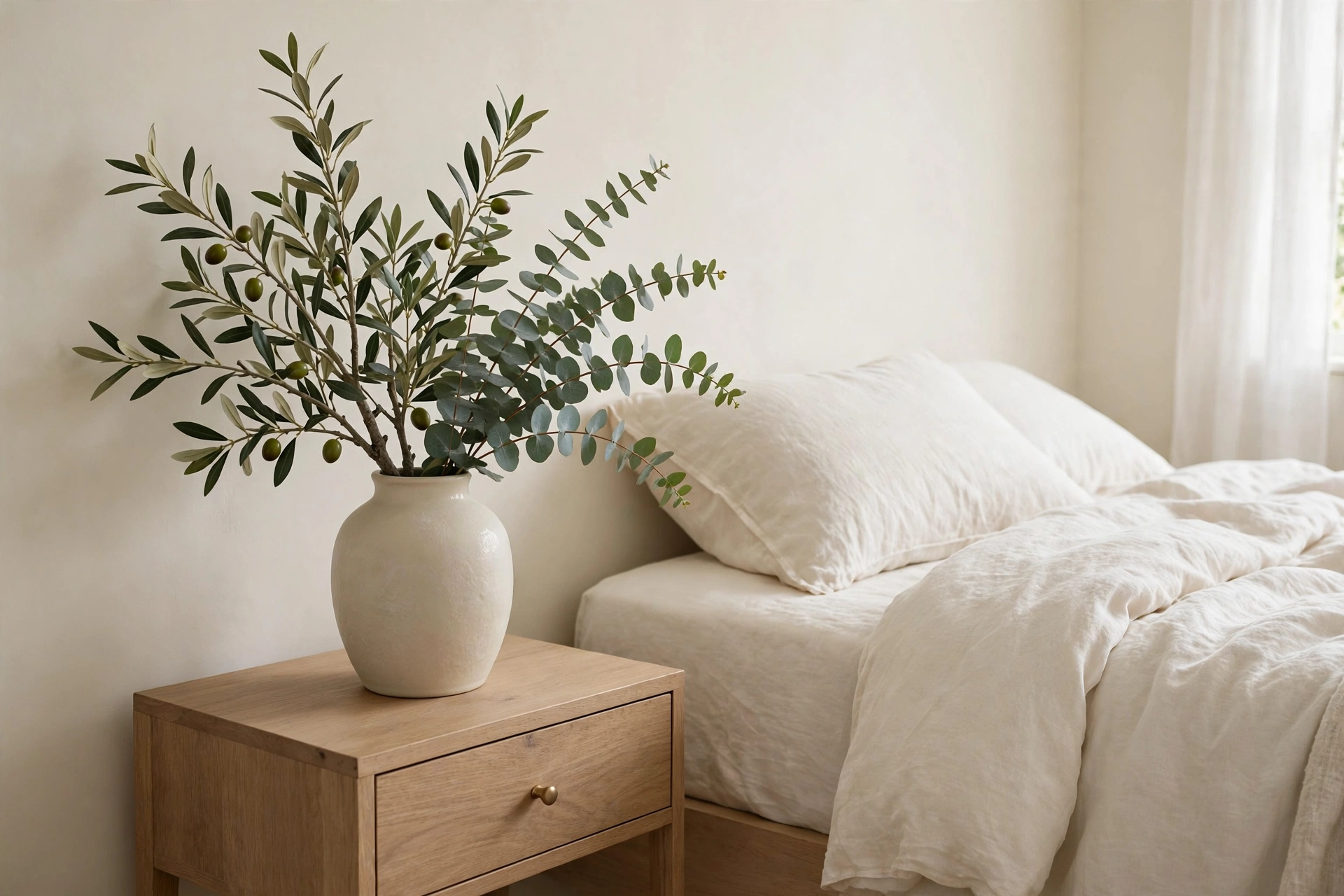 Olive tree in a neutral bedroom